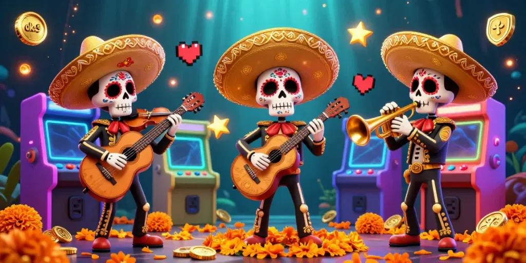 Engage with the vibrant ok-9 casino scene, featuring a mariachi band surrounded by arcade game elements.