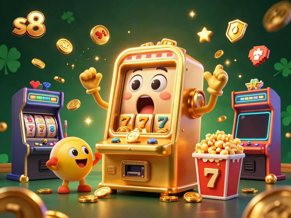 Experience the excitement of s8 with a golden slot machine hitting jackpot and coins pouring out.