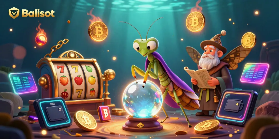 Engage with Balislot's vibrant illustration featuring a cartoon praying mantis fortune teller predicting jackpot wins.