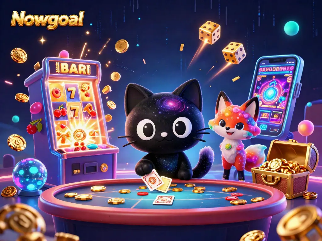 Experience Nowgoal's thrilling cosmic casino journey with a magical black hole cat and vibrant fox in action.