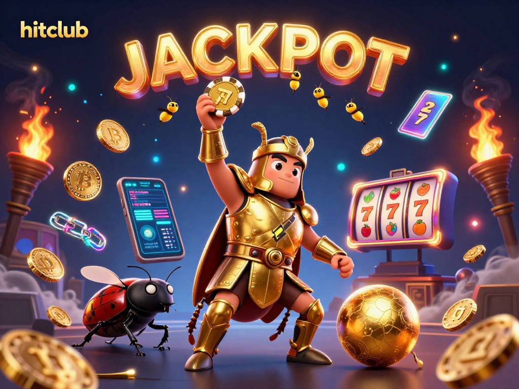 Hitclub showcases an impressive victory scene featuring a gladiator beetle, crypto coins, and a jackpot spell.