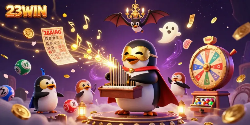 Join the fun at 23WIN with a vibrant casino scene filled with gold coins and lottery elements.