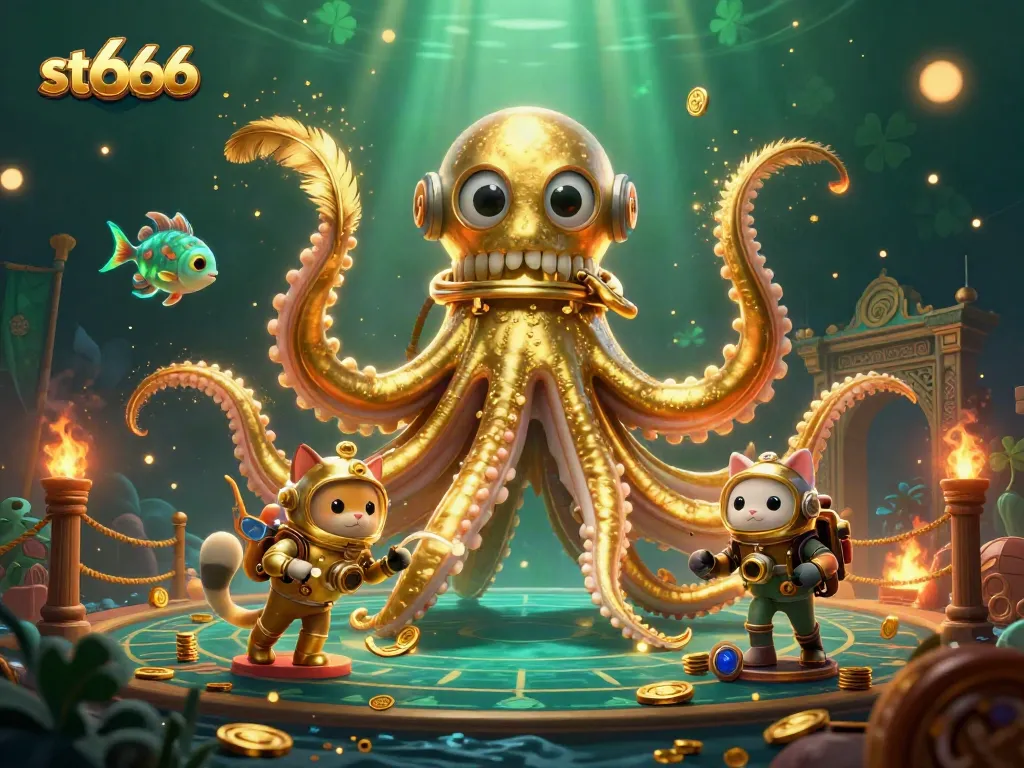 St666 kraken casino scene with diving cat and deep-sea fish reveals thrilling gameplay elements.