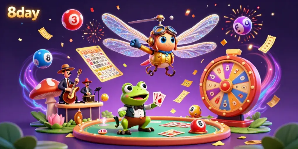 Experience the excitement of 8day casino action with lively characters and vibrant lottery elements.