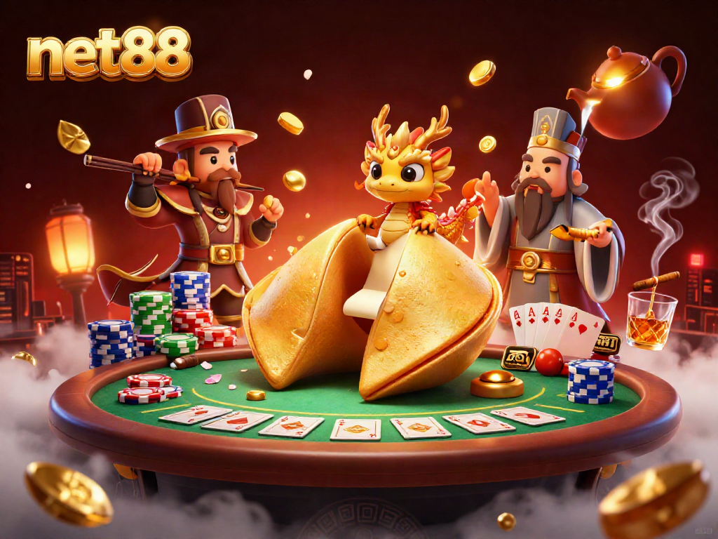 Experience the thrill of net88 with a vibrant 3D casino scene featuring playful characters and poker elements.