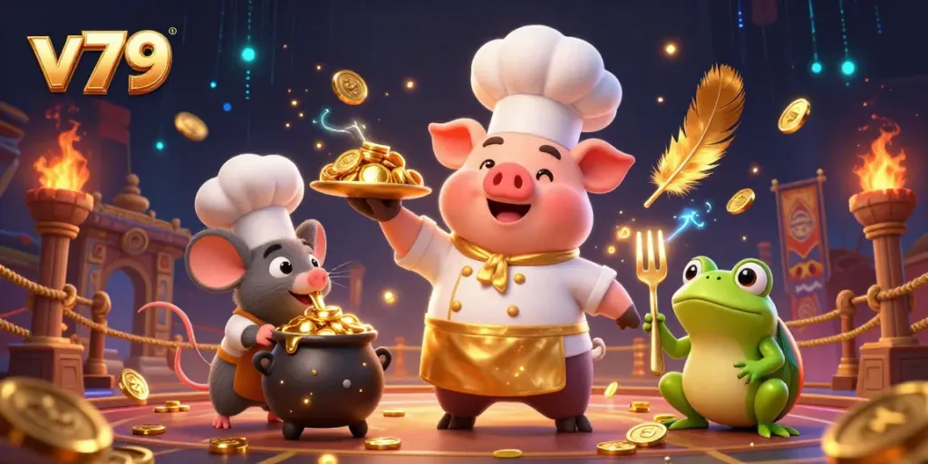 Experience a vibrant scene of v79 with a chef pig, tasting mouse, and critic frog amidst gold coins and gambling elements.