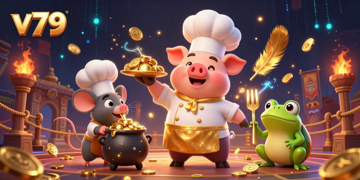 Experience a vibrant scene of v79 with a chef pig, tasting mouse, and critic frog amidst gold coins and gambling elements.