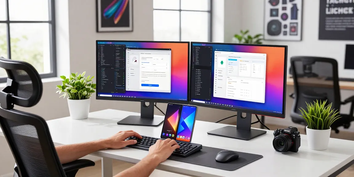 Samsung Galaxy Z TriFold smartphone displayed on a modern tech workspace desk alongside coding interfaces and vibrant accessories.