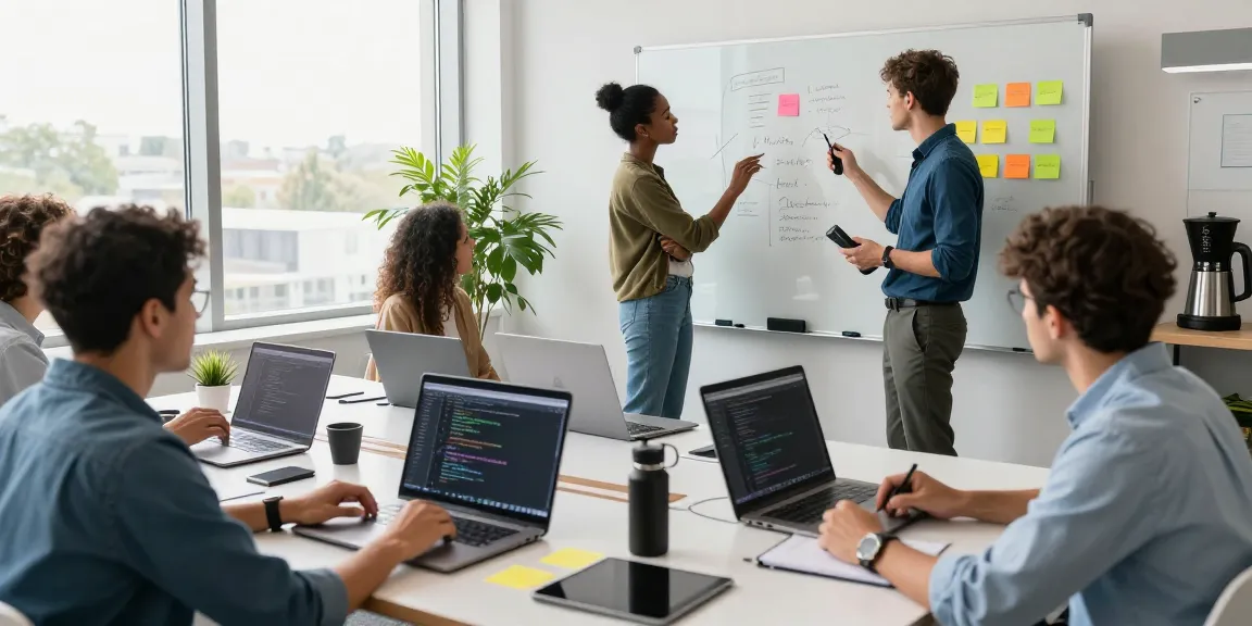 Diverse software developers working together with juicy ai technologies in a bright modern office environment.