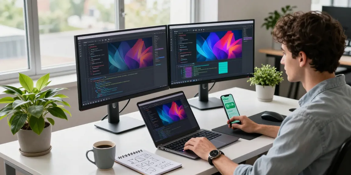 Dynamic tech workspace highlighting WhatsApp下載 activities with a developer coding on dual monitors and engaging tools.