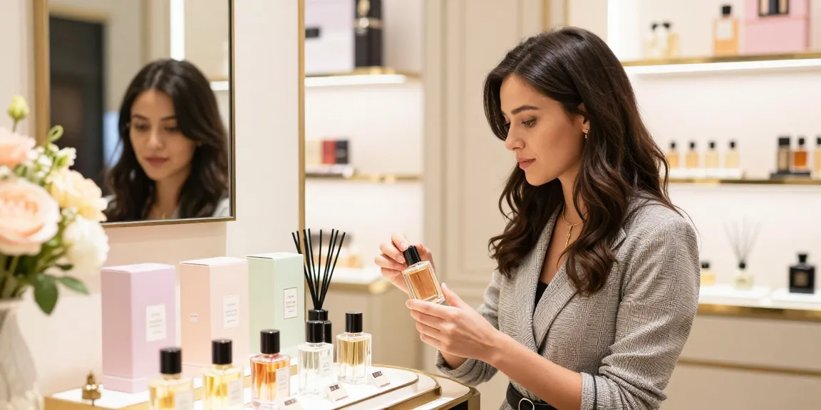 Choosing a perfume in a stylish boutique showcases how to choose a perfume effectively.