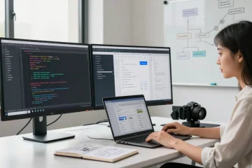 Build internal tools with AI in a vibrant workspace showcasing a developer coding and collaborating effectively.