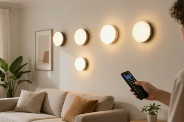 Aplice LED moderne iluminând un living cozy, oferind o atmosferă caldă și primitoare.
